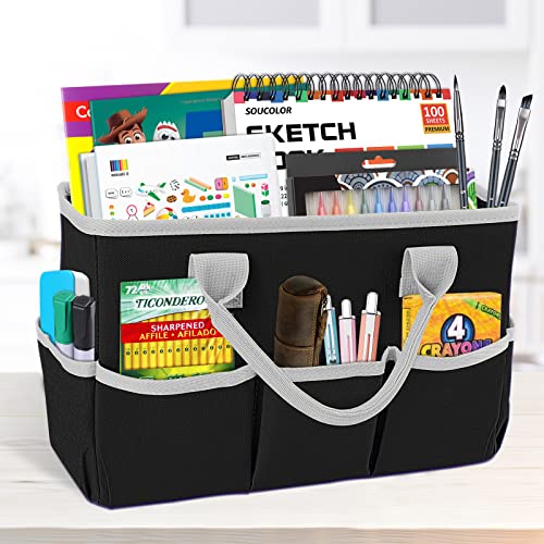 Godery Desktop Tote and Stock Organize, Teacher Helper Tote Bag Organization for Arts, Books, Stationery, etc, and Office Desk Organize, Make-up Storage Tote with Handles for Travel (BLACK-2)