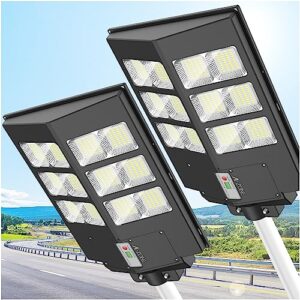 a-zone 600w solar street lights outdoor - 60000lm high brightness dusk to dawn led lamp, with motion sensor and remote control, for parking lot, yard, garden, patio, stadium, piazza (2 packs)