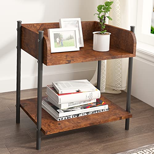 SAMTRA Nightstand, End Table with Open Wood Shelf, Bedside Tables with Steel Frame, Side Table for Bedroom, Living Room, Easy Assembly, Black and Rustic Brown