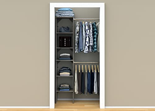 ClosetMaid SuiteSymphony Wood Closet Organizer Starter Kit with Tower and 3 Hang Rods, Shelves, Adjustable, Fits Spaces 4 – 9 ft. Wide, Graphite Grey