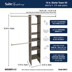 ClosetMaid SuiteSymphony Wood Closet Organizer Starter Kit with Tower and 3 Hang Rods, Shelves, Adjustable, Fits Spaces 4 – 9 ft. Wide, Graphite Grey