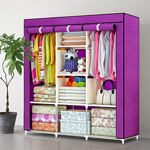 QLFJ-FurDec Portable Wardrobe Closet, 47 Inch Clothes Storage Organizer Rack Shelves, Non-Woven Fabric Cover Standing Closet with 2 Hanging Rods, Durable, Quick and Easy Assembly(Purple)