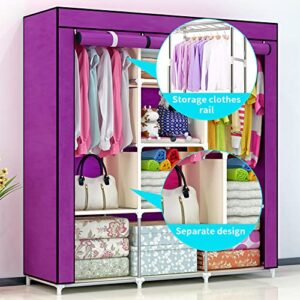 QLFJ-FurDec Portable Wardrobe Closet, 47 Inch Clothes Storage Organizer Rack Shelves, Non-Woven Fabric Cover Standing Closet with 2 Hanging Rods, Durable, Quick and Easy Assembly(Purple)