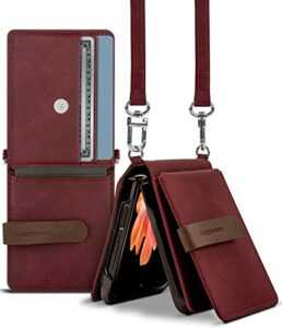 goospery wallet case compatible with galaxy z flip, detachable card holder 2 card pocket storage premium pu leather adjustable cross-body strap attached earbud cord organizer (burgundy) zflp-dar-bd