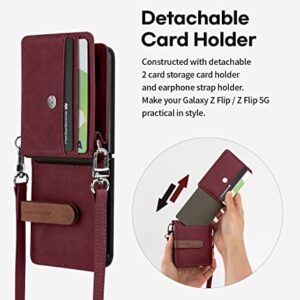 GOOSPERY Wallet Case Compatible with Galaxy Z Flip, Detachable Card Holder 2 Card Pocket Storage Premium PU Leather Adjustable Cross-Body Strap Attached Earbud Cord Organizer (Burgundy) ZFLP-DAR-BD