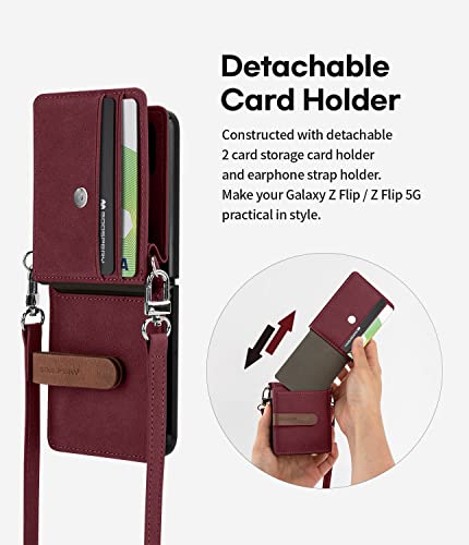 GOOSPERY Wallet Case Compatible with Galaxy Z Flip, Detachable Card Holder 2 Card Pocket Storage Premium PU Leather Adjustable Cross-Body Strap Attached Earbud Cord Organizer (Burgundy) ZFLP-DAR-BD