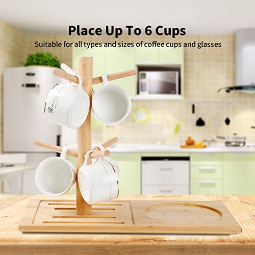 YOFRI Coffee Cup Holder Tree, Wooden Mug Storage Rack, Coffee Tea Kettle Display Stand, Movable Countertop Cup Stand with 6 Hooks, Coffee Mugs and Tea Cups Organizer for Bar & Kitchen Collection