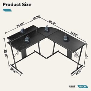 Bestier 55 Inch Gaming Desk with Led Lights L Shaped Corner Gamer Desk with Long Monitor Shelf Cup Holder Headset Hook Home Office Desk, Carbon Fiber Black