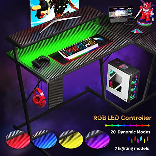 Bestier 55 Inch Gaming Desk with Led Lights L Shaped Corner Gamer Desk with Long Monitor Shelf Cup Holder Headset Hook Home Office Desk, Carbon Fiber Black