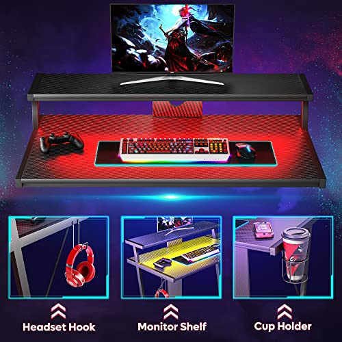 Bestier 55 Inch Gaming Desk with Led Lights L Shaped Corner Gamer Desk with Long Monitor Shelf Cup Holder Headset Hook Home Office Desk, Carbon Fiber Black