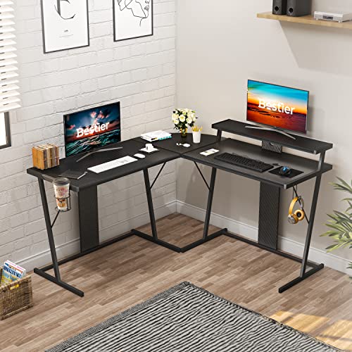 Bestier 55 Inch Gaming Desk with Led Lights L Shaped Corner Gamer Desk with Long Monitor Shelf Cup Holder Headset Hook Home Office Desk, Carbon Fiber Black