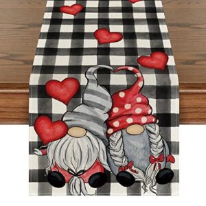artoid mode watercolor buffalo plaid hearts gnomes love valentine's day table runner, seasonal anniversary wedding holiday kitchen dining table decoration for indoor outdoor home decor 13 x 72 inch