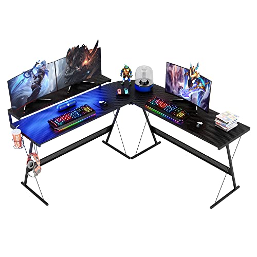 Bestier 65" LED L Shaped Gaming Desk Corner Computer Desk with RGB Lights Gamer Desk with Cup Holder Headset Hook Home Office Desk 22 Lighting Modes, Carbon Fiber Black