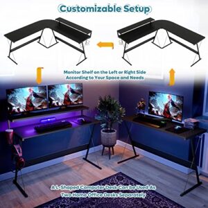 Bestier 65" LED L Shaped Gaming Desk Corner Computer Desk with RGB Lights Gamer Desk with Cup Holder Headset Hook Home Office Desk 22 Lighting Modes, Carbon Fiber Black