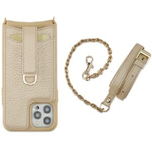 Vaultskin VICTORIA iPhone 13 Pro Leather Wallet Case and Card Holder, Crossbody Strap Purse for Women (Champagne - Chain & Leather Strap, iPhone 13 Pro)