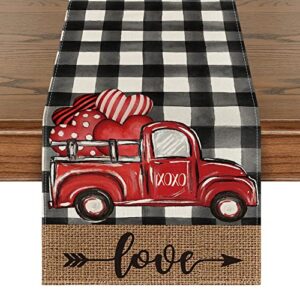 artoid mode watercolor buffalo plaid hearts truck love valentine's day table runner, anniversary wedding kitchen dining table decoration for indoor outdoor home decor 13 x 72 inch