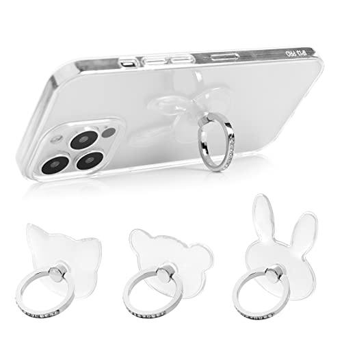 Clear Ring Holder Finger Stand Set of 2, Mavis's Diary Cute Bling Cell Phone Grip 360°Rotation Universal Luxury Crystal Metal Kickstand (Bear & Rabbit & Cat)