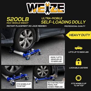 WEIZE Car Wheel Dolly, Heavy Duty Self Loading Dolly with Ratcheting Foot Pedal, 1300lbs Capacity, Set of 4