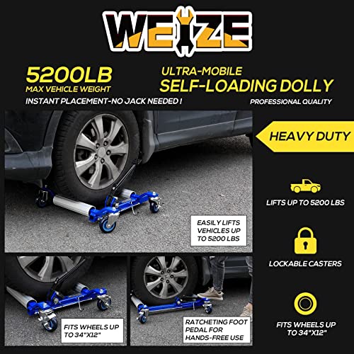 WEIZE Car Wheel Dolly, Heavy Duty Self Loading Dolly with Ratcheting Foot Pedal, 1300lbs Capacity, Set of 4