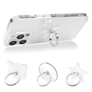 clear ring holder finger stand set of 2, mavis's diary cute bling cell phone grip 360°rotation universal luxury crystal metal kickstand (round & star & cat)