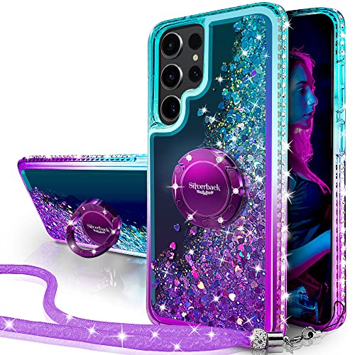 Silverback for Samsung Galaxy S22 Ultra Case, Moving Liquid Holographic Sparkle Glitter Case with Kickstand, Girls Women Bling Diamond Ring Slim Protective Case for Galaxy S22 Ultra 5G, Purple