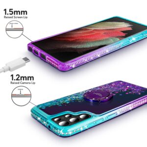 Silverback for Samsung Galaxy S22 Ultra Case, Moving Liquid Holographic Sparkle Glitter Case with Kickstand, Girls Women Bling Diamond Ring Slim Protective Case for Galaxy S22 Ultra 5G, Purple