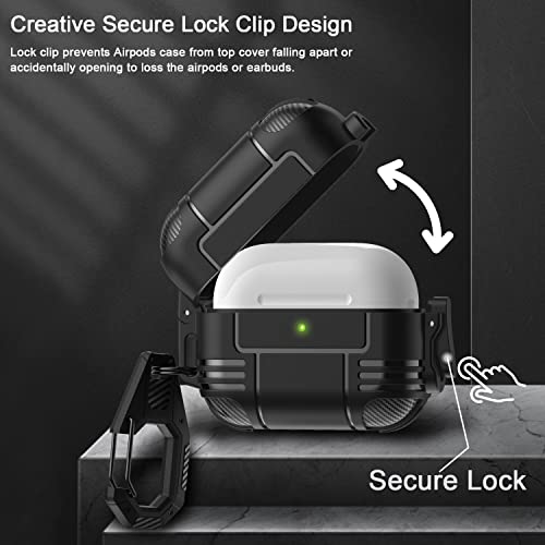 Aircawin for Airpods 3 Case Lock,Secure Lock Clip Case for Airpods 3rd Generation Case Cover,Full-Body Military Rugged Heavy Duty Protective TPU Case with Keychain for Airpods 3 Charging Case,Dark