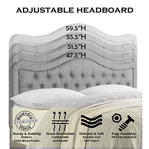 Rosevera Grayson Adjustable Headboard Bed with Fine Polyester and Button Tufting for Bedroom, Full, Ash