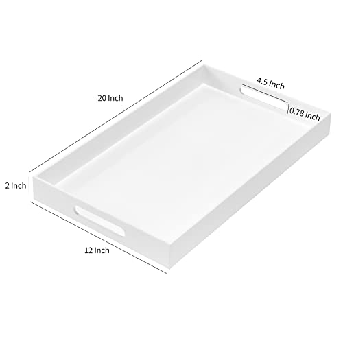 MUKEEN Glossy White Sturdy Acrylic Serving Tray with Handles 12x20x2H Inches -Spill Proof- Decorative Trays Countertop Organizer for Ottoman Coffee Table Nightstand, sidetable, Breakfast, Tea, Food