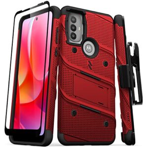 zizo bolt bundle for moto g power 2022 case with screen protector kickstand holster lanyard - red