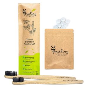 traveling panda bamboo toothbrushes soft bristles, travel toothbrush kit, includes brushes and mint toothpaste tablets, essentials for on the go teeth brushing, 2 large brushes and x2 10 tabs