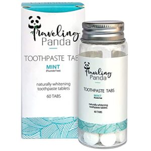 traveling panda, travel toothpaste tablets, chewable charcoal whitening tabs, no water required perfect traveling essentials for on the go teeth brushing, vegan and no sugar, mint 60 tablets