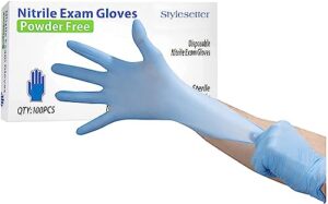 style setter powder-free nitrile disposable exam gloves, industrial medical examination, no latex rubber, non-sterile, food safe, textured fingertips, ultra-strong, blue-size medium, pack of 100