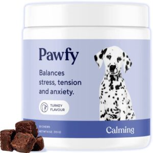 pawfy dogs calming soft chews | anxiety | separation | stress relief | travel | behavioral training | fireworks & other stressful events | with l-tryptophan & chamomile
