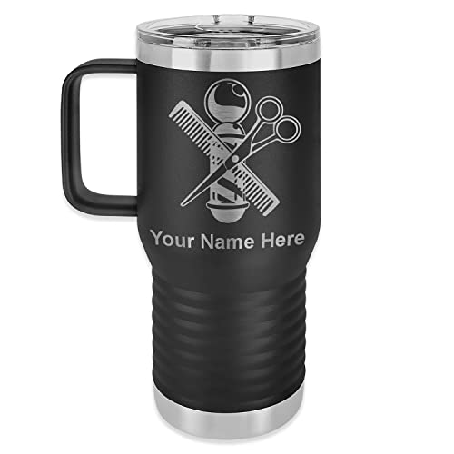 LaserGram 20oz Vacuum Insulated Travel Mug with Handle, Barber Shop Pole, Personalized Engraving Included (Black)