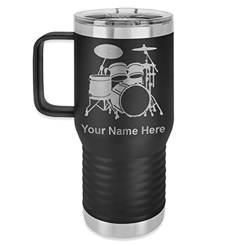 LaserGram 20oz Vacuum Insulated Travel Mug with Handle, Drum Set, Personalized Engraving Included (Black)