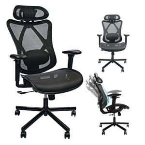 mesh office chair, ergonomic office chair with adjustable lumbar support, armrest, headrest - tilt high back desk chair with mute wheel for office, home, gaming