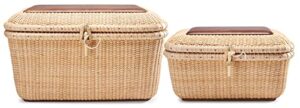 teng tian nantucket baskets rectangular handwoven rattan storage basket set with lid for shelves and home organizer bins (2-size kit)
