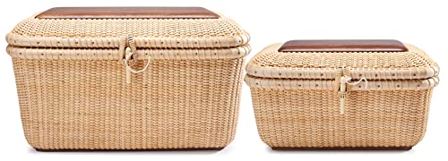 Teng Tian Nantucket baskets Rectangular Handwoven rattan Storage Basket Set with Lid for Shelves and Home Organizer Bins (2-Size Kit)