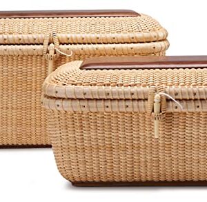 Teng Tian Nantucket baskets Rectangular Handwoven rattan Storage Basket Set with Lid for Shelves and Home Organizer Bins (2-Size Kit)