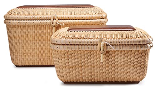 Teng Tian Nantucket baskets Rectangular Handwoven rattan Storage Basket Set with Lid for Shelves and Home Organizer Bins (2-Size Kit)