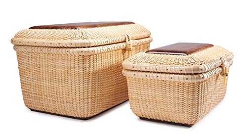 Teng Tian Nantucket baskets Rectangular Handwoven rattan Storage Basket Set with Lid for Shelves and Home Organizer Bins (2-Size Kit)