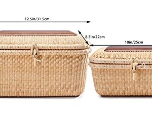 Teng Tian Nantucket baskets Rectangular Handwoven rattan Storage Basket Set with Lid for Shelves and Home Organizer Bins (2-Size Kit)