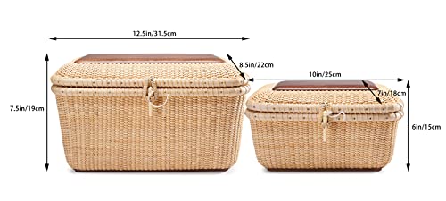 Teng Tian Nantucket baskets Rectangular Handwoven rattan Storage Basket Set with Lid for Shelves and Home Organizer Bins (2-Size Kit)