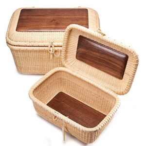 Teng Tian Nantucket baskets Rectangular Handwoven rattan Storage Basket Set with Lid for Shelves and Home Organizer Bins (2-Size Kit)