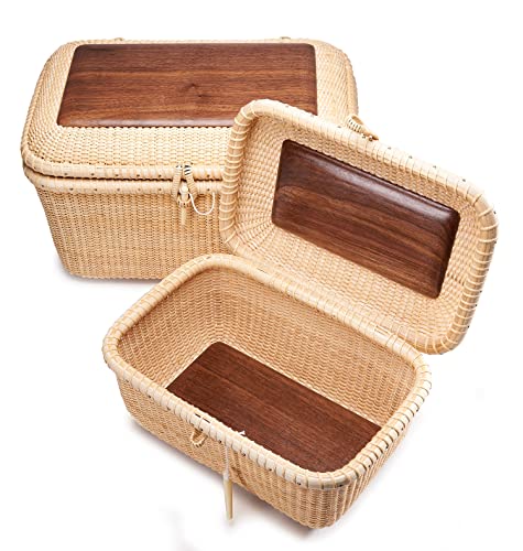 Teng Tian Nantucket baskets Rectangular Handwoven rattan Storage Basket Set with Lid for Shelves and Home Organizer Bins (2-Size Kit)