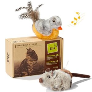 cat toys 2 pcs interactive for indoor cats automatic squeaking mouse and feather bird melody sound chaser set lifelike plush electronic kitty toy (grey)