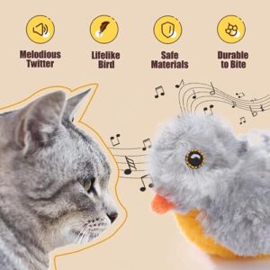 Cat Toys 2 PCS Interactive for Indoor Cats Automatic Squeaking Mouse and Feather Bird Melody Sound Chaser Set Lifelike Plush Electronic Kitty Toy (Grey)