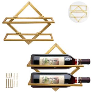 auhoky metal wall mounted wine holder, upgrade foldable hanging wall wine rack organizer for 2 liquor bottles, red wine bottle display hanger with screws for home kitchen bar wall décor