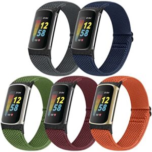 runostrich adjustable elastic watch bands compatible with fitbit charge 5 for women men, 5 pack stretchy sport loop band soft nylon wristband accessories for charge 5 fitness & health tracker